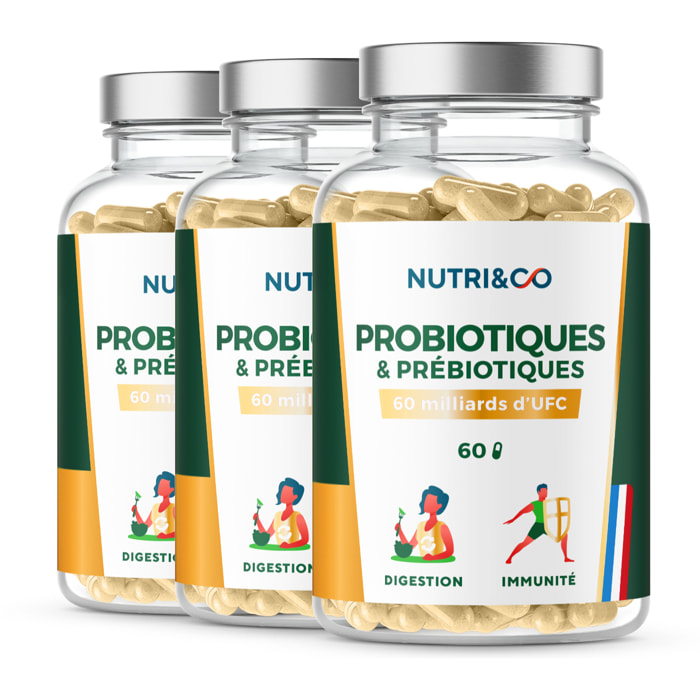 Probiotiques & Prébiotiques - Flore Intestinale - 60 gélules Vegan - Lot de 3
