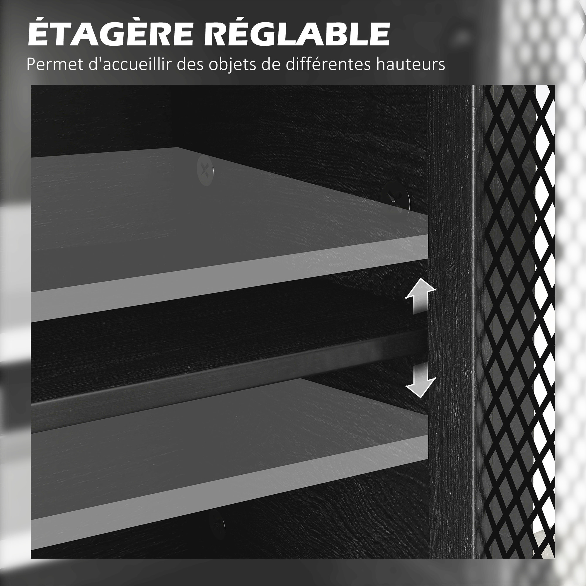 Buffet design industriel - 4 portes, 2 étagères réglables, 2 tiroirs - panneaux façades grillagées poignées métal noir