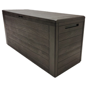Baul de jardin 280 litros Prosperplast Woodebox de plastico en color ocre oscuro 116 x 43,8 x 55 cm