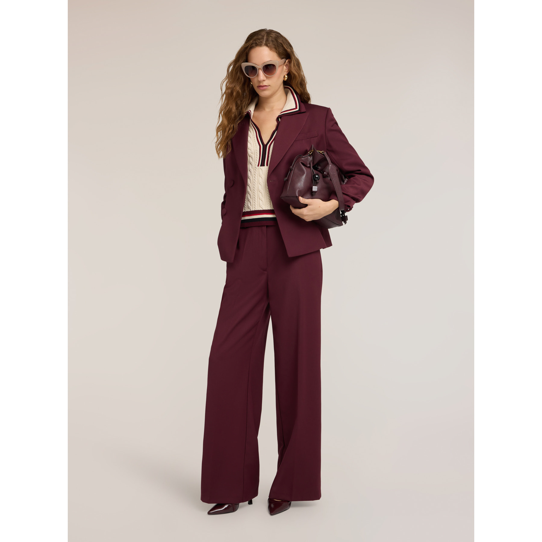 Motivi - Pantalones palazzo con pliegue marcado - Burgundy