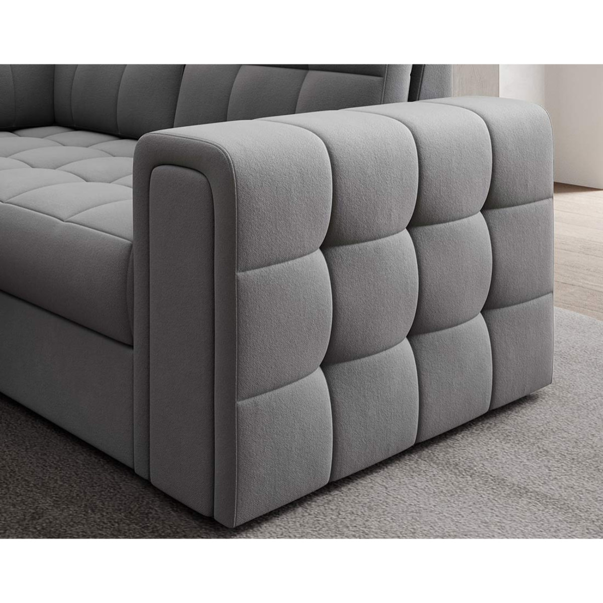 Nappa - Canapé panoramique d'angle droit 7 places convertible avec coffre en velours - Gris clair