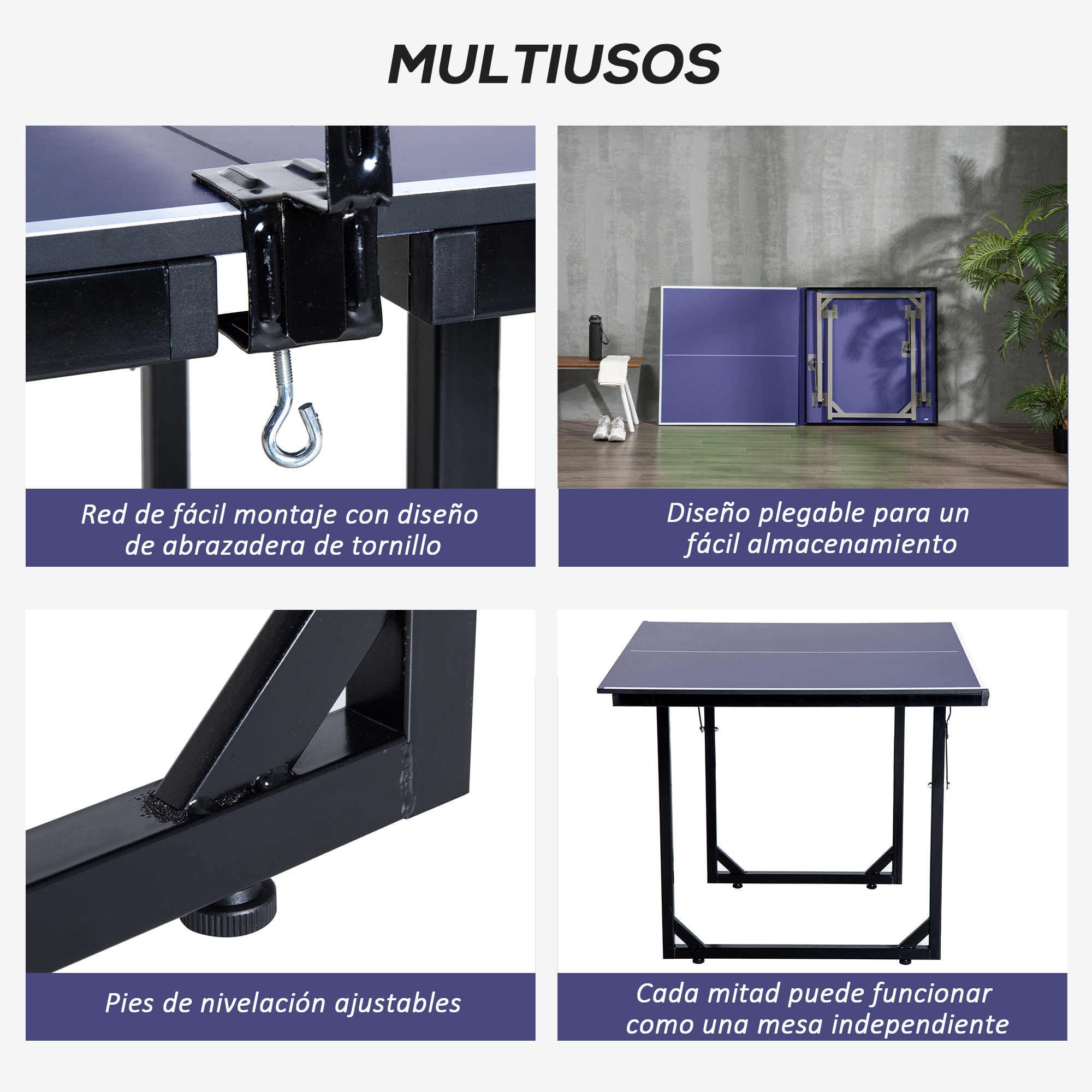 Mesa de Ping-Pong Plegable Mesa de Tenis de Mesa con Red y Marco de Acero para Interior y Exterior 182x91x76 cm Azul