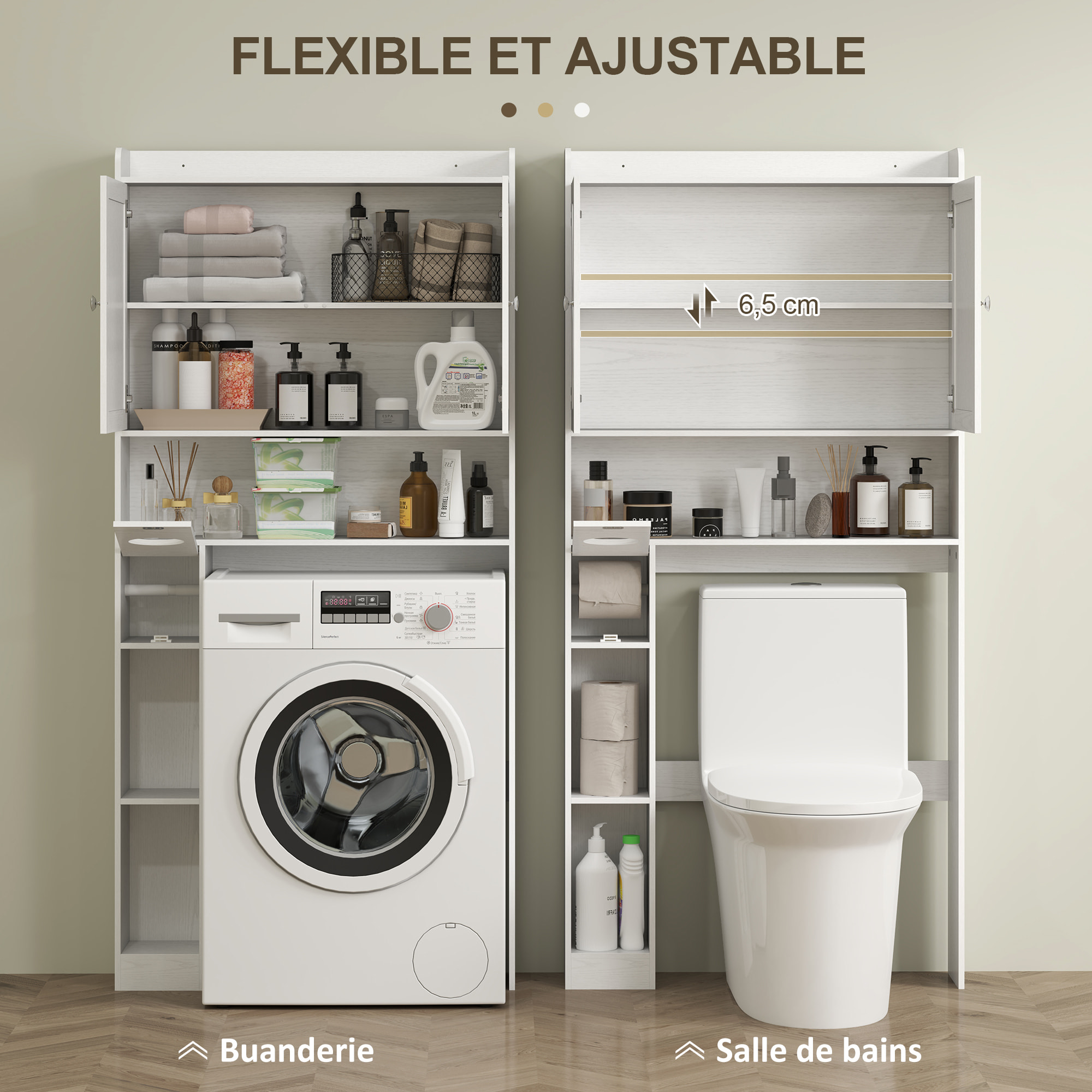 Meuble WC meuble dessus toilettes 2 portes étagère 3 niches porte-papier blanc