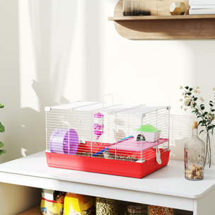 Cage rongeur hamster 2 niveaux cabane roue échelle biberon mangeoire 47 x 30 x 27 cm blanc rouge