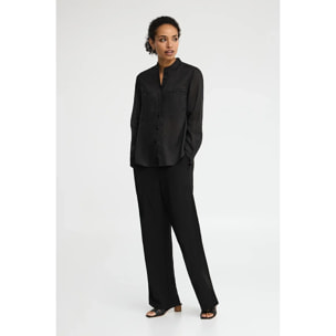 Camicia nera in ramie con collo alla coreana e fit ampio con ricamo Polo Club