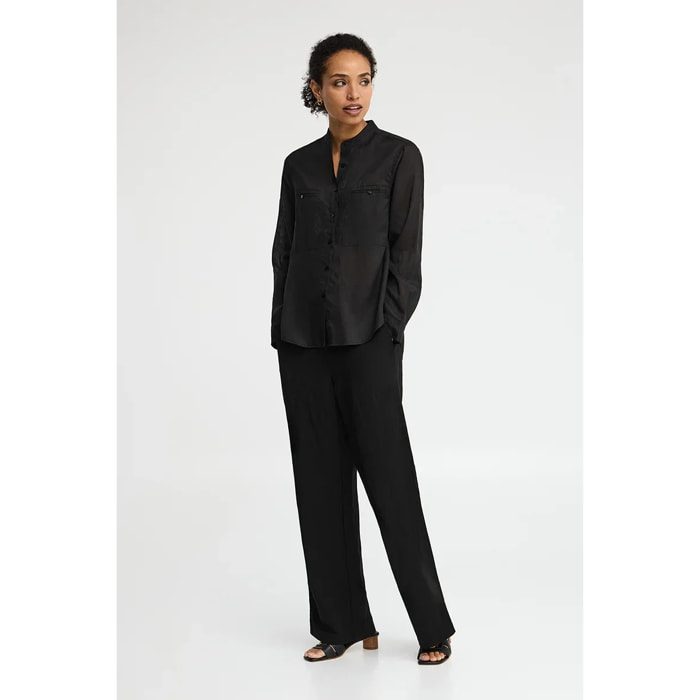 Camicia nera in ramie con collo alla coreana e fit ampio con ricamo Polo Club