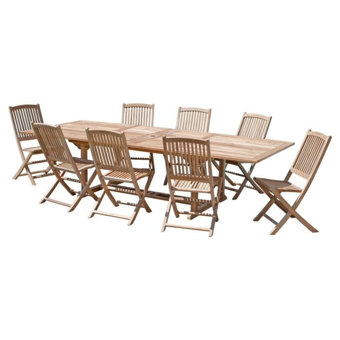 FUN - SALON DE JARDIN EN BOIS TECK 10/12 pers. - 1 Table rectangulaire extensible 200/300*120cm et 8 chaises