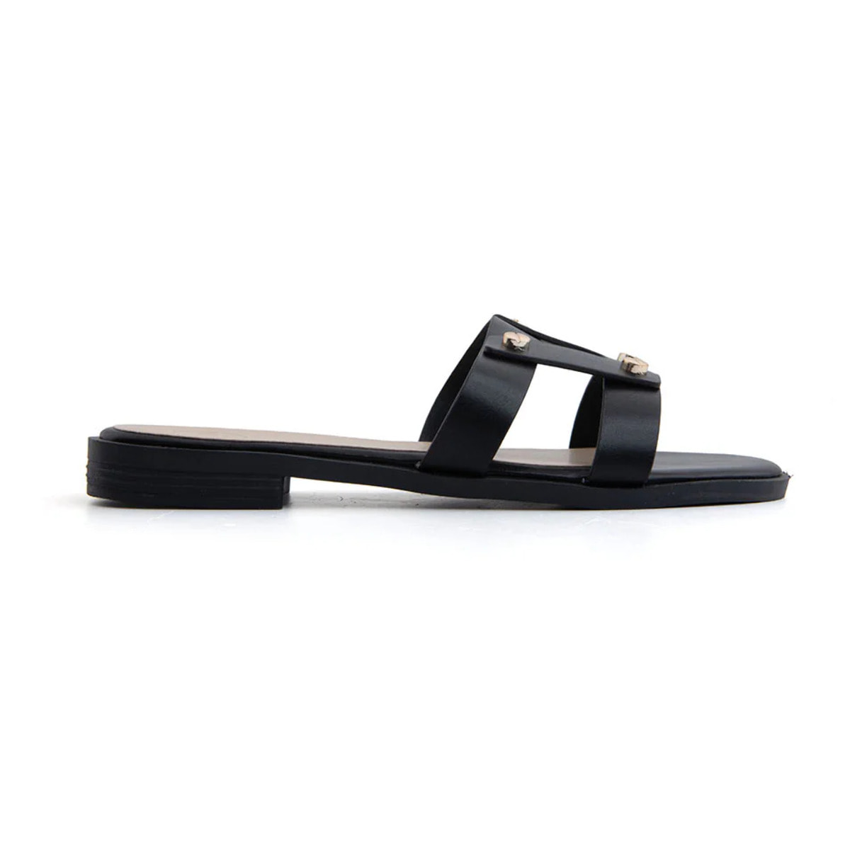 Ciabatta flat con fascia a H borchiata - NERO