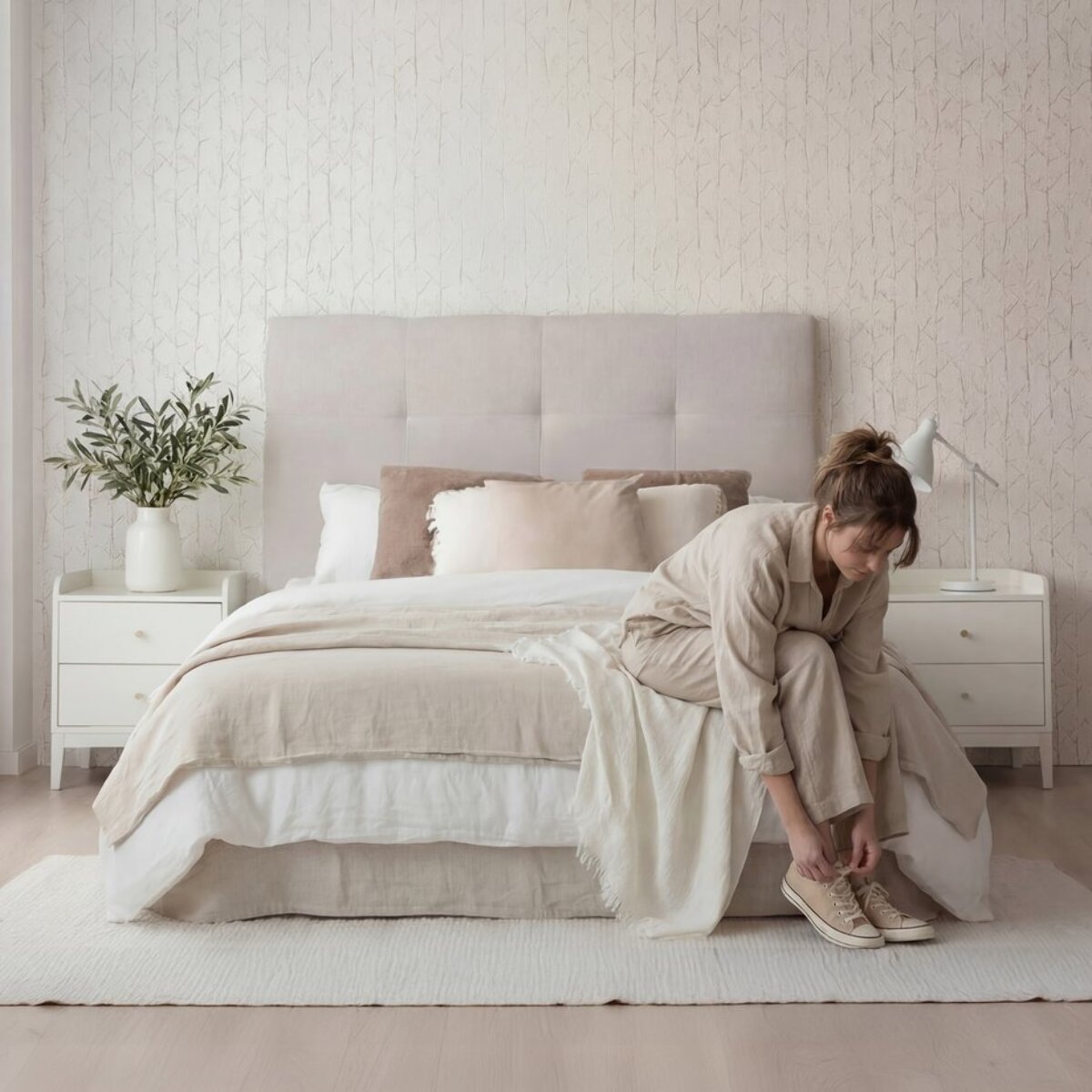 Tête de lit tapissée Maira -tableau de particules / mousse pu / textile-couleur beige 140 x 120 x 8 cm