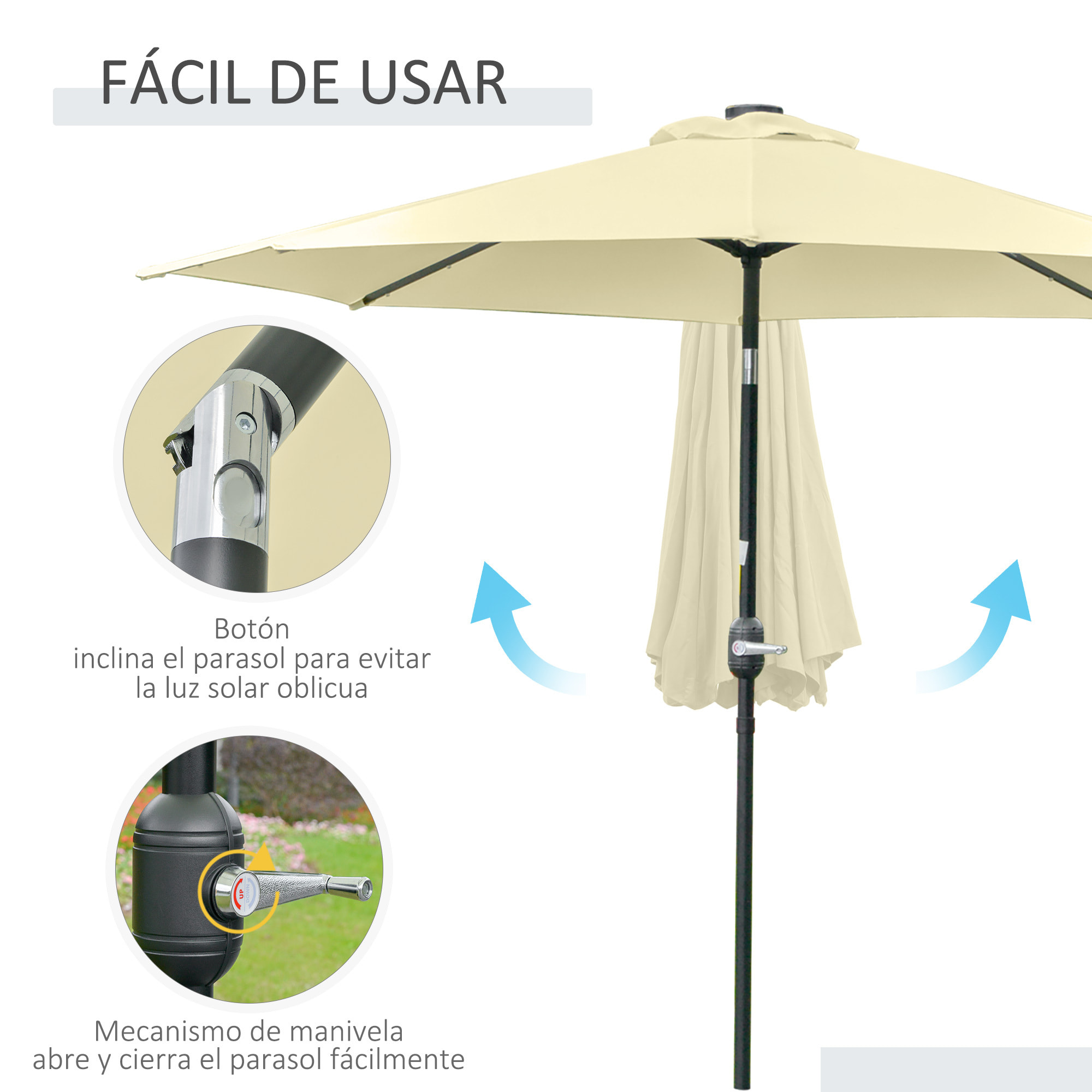 Outsunny Sombrilla Terraza Exterior, Ø265 cm, Sombrilla de Jardín con 32 Luces LED Solares, Poste de Acero y Manivela de Parasol Inclinable, para Patio, Terraza, Beige