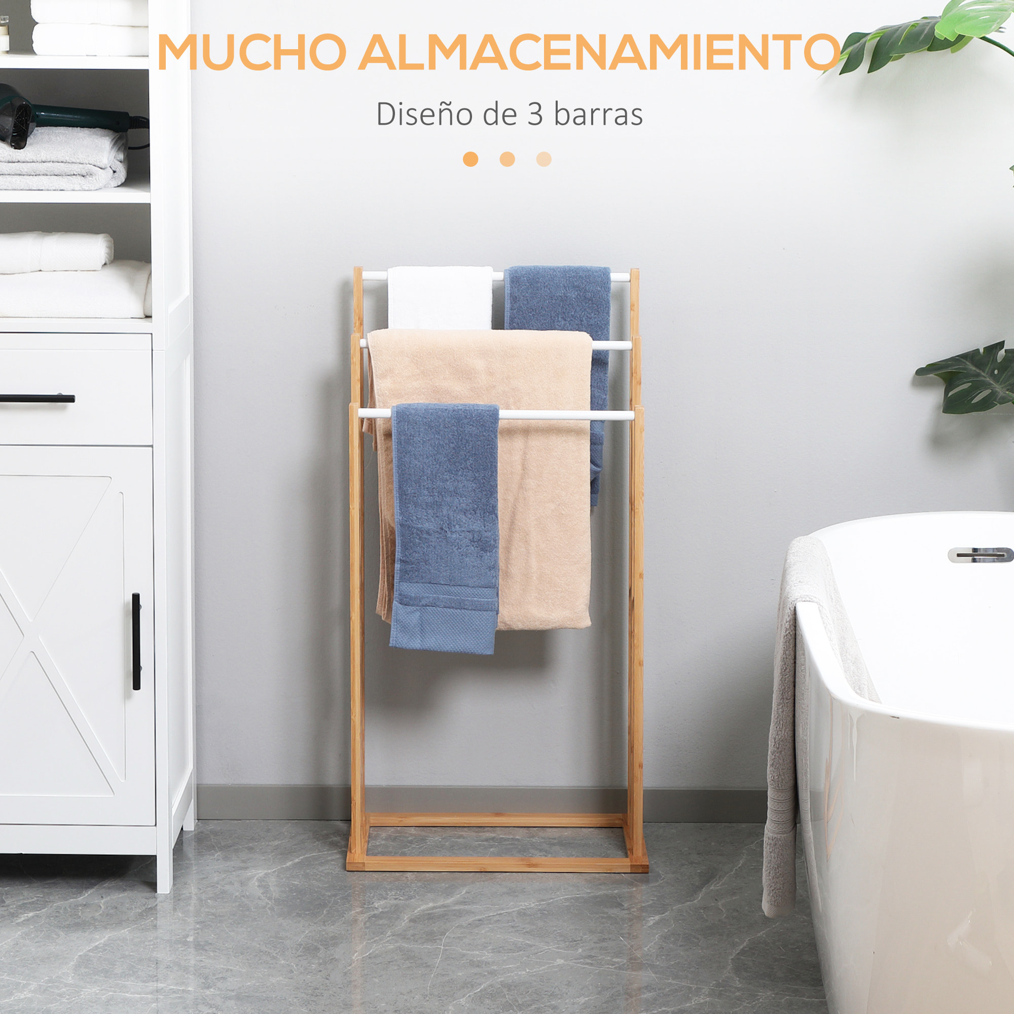 Toallero de Pie de Bambú con 3 Barras para Baño Lavandería 48x25,8x94 cm Natural