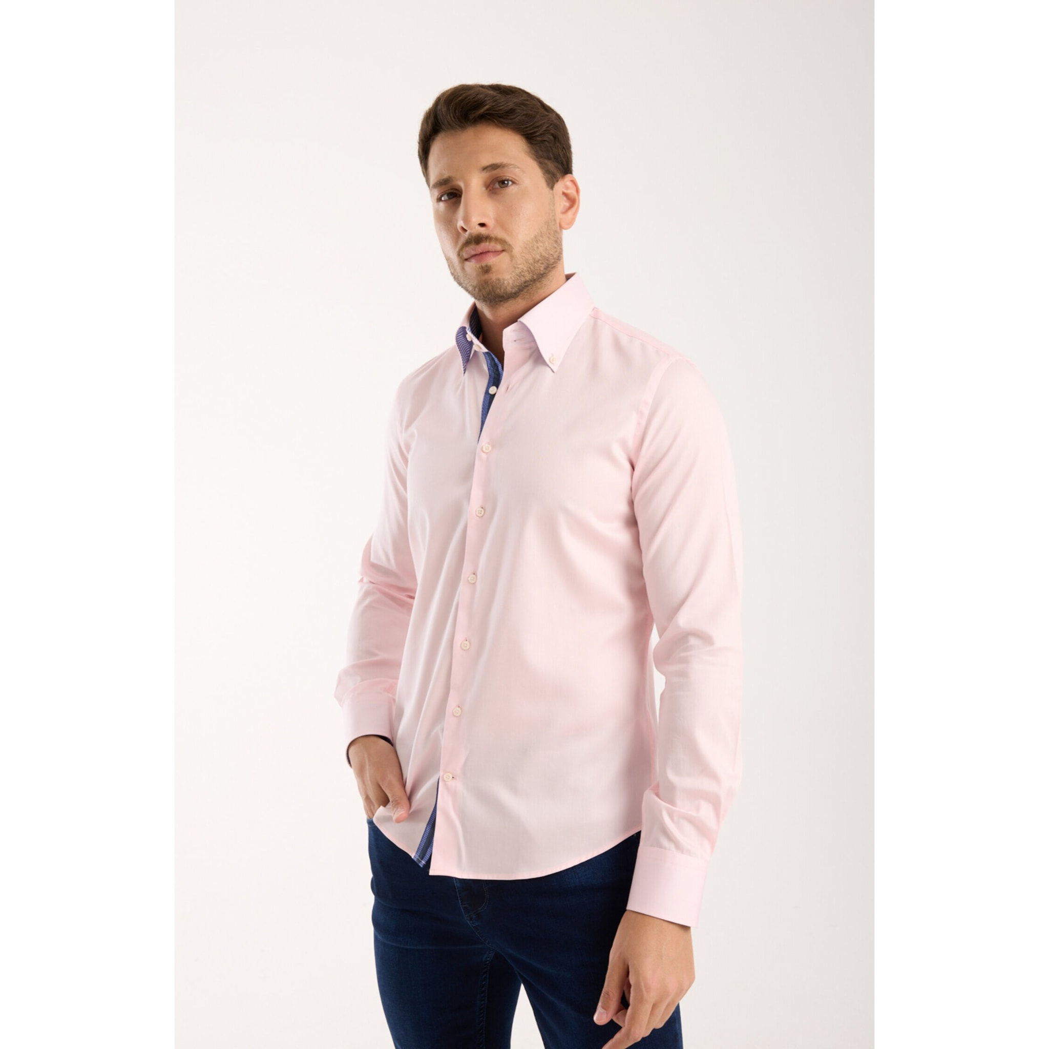 Camicia Uomo 2 Bottoni Button Down Slim Satin Unito Rosa