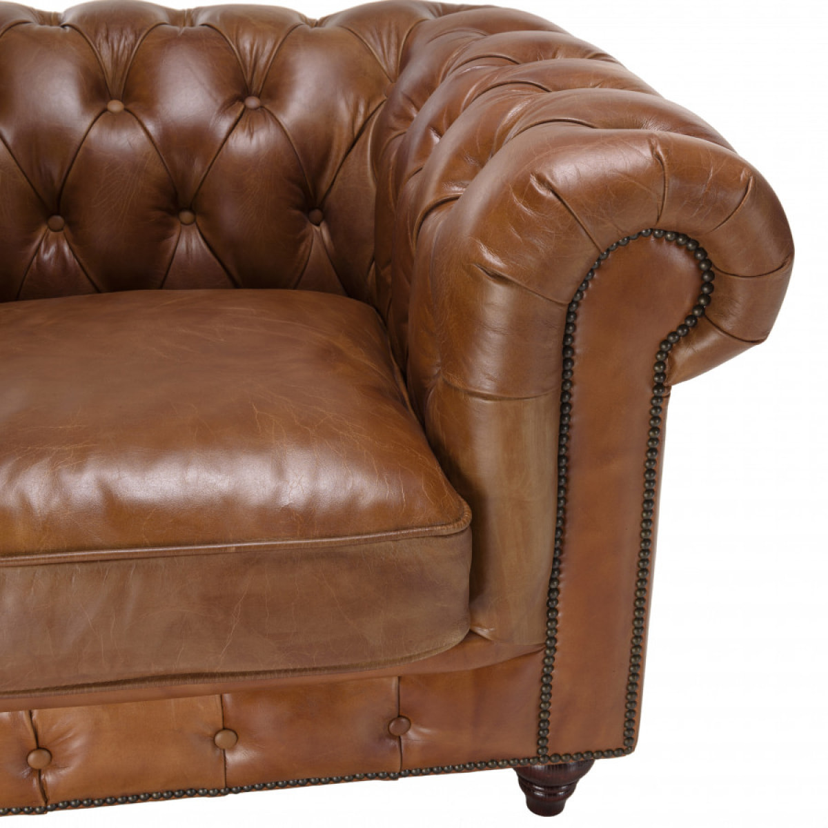 GASTON - Fauteuil marron CHESTERFIELD capitonné vintage 1 place cuir pieds bois