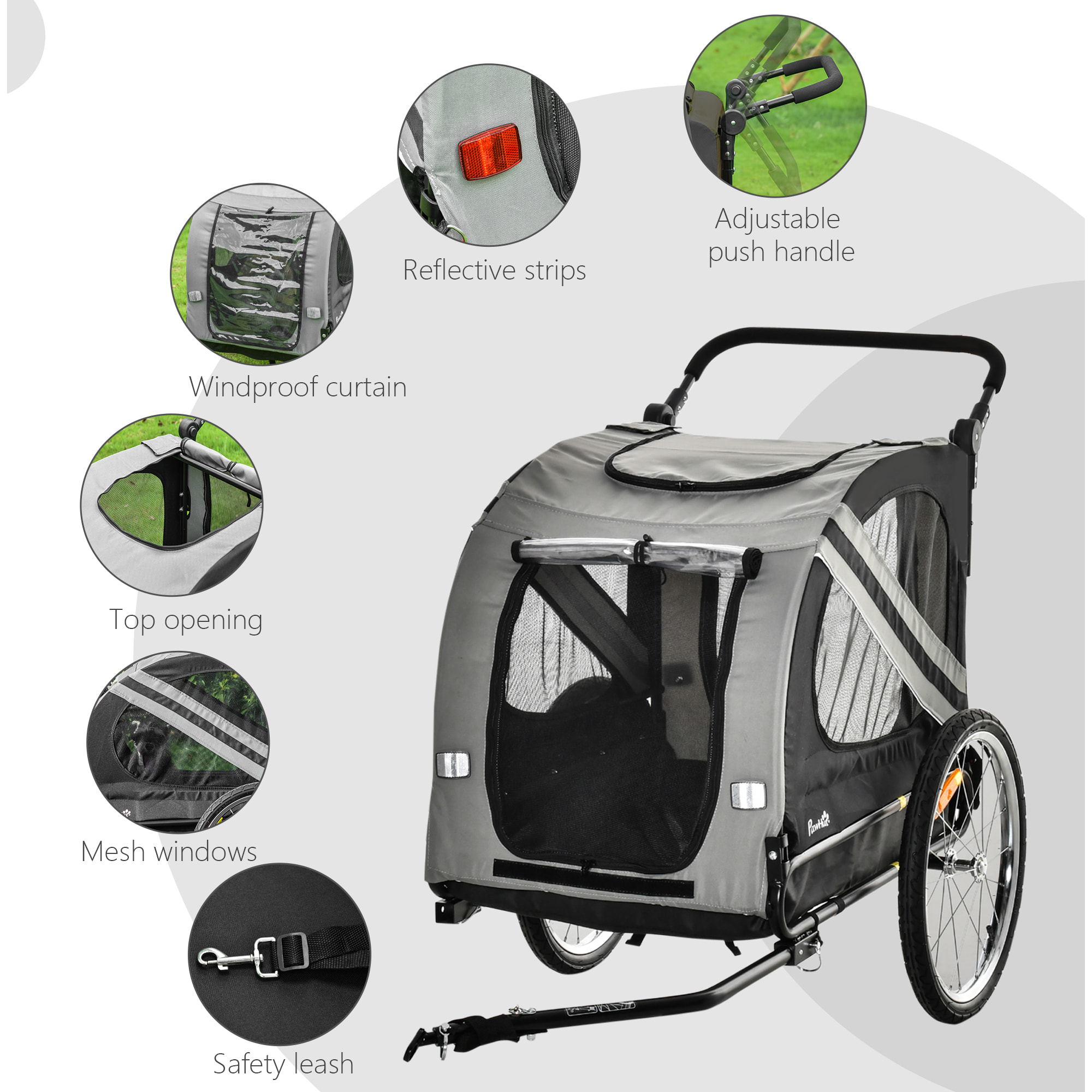 Remorque vélo jogger 2 en 1 pour animaux drapeau roue avant pivotante réflecteurs gris noir