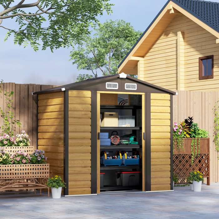 Caseta de Jardín Exterior 2,36m² 213x120x194 cm Cobertizo de Jardín Exterior con Base Refuerzo (Suelo NO Incluido) Puertas Correderas Dobles Candado Ventanas Roble