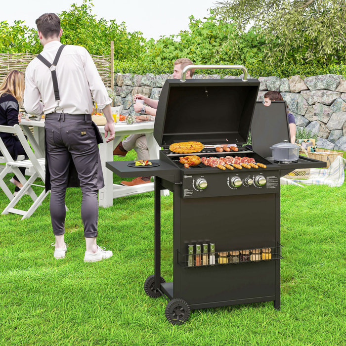 Outsunny Barbacoa de Gas BBQ Gas con 3+1 Quemadores 8,5 kW Barbacoa Portátil con Mesa Lateral Parrilla Termómetro 2 Ruedas Recogedor de Grasa para Exterior Jardín Camping Negro