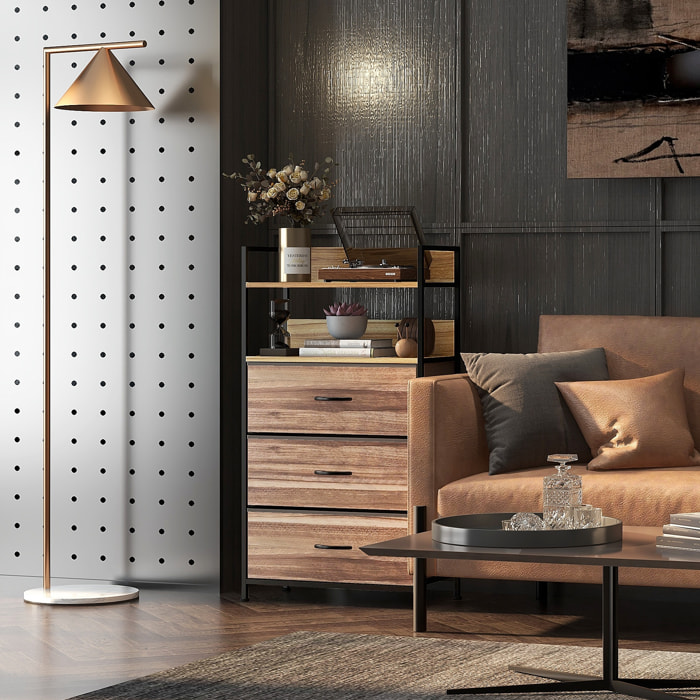 Commode 3 tiroirs 2 étagères - dim.  60L x 29l x 101H cm - châssis piètement métal noir tiroirs non tissés façades aspect bois