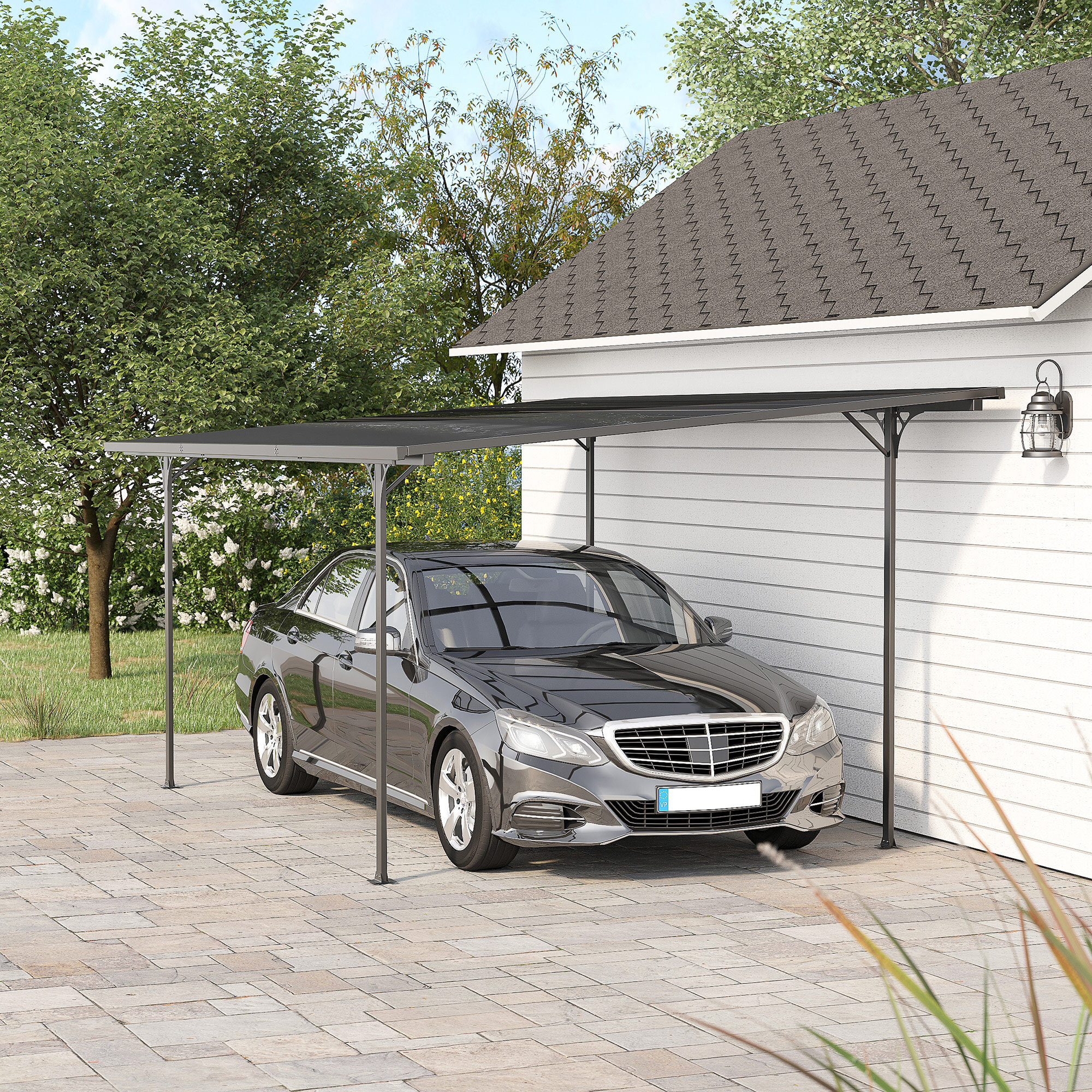 Pergola adossable rigide acier alu. toit polycarbonate dim. 5L x 2,99l x 2,23H m gris