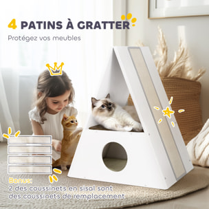 Niche chat design - maison pour chat - 2 tapis, 2 grattoirs sisal - blanc beige