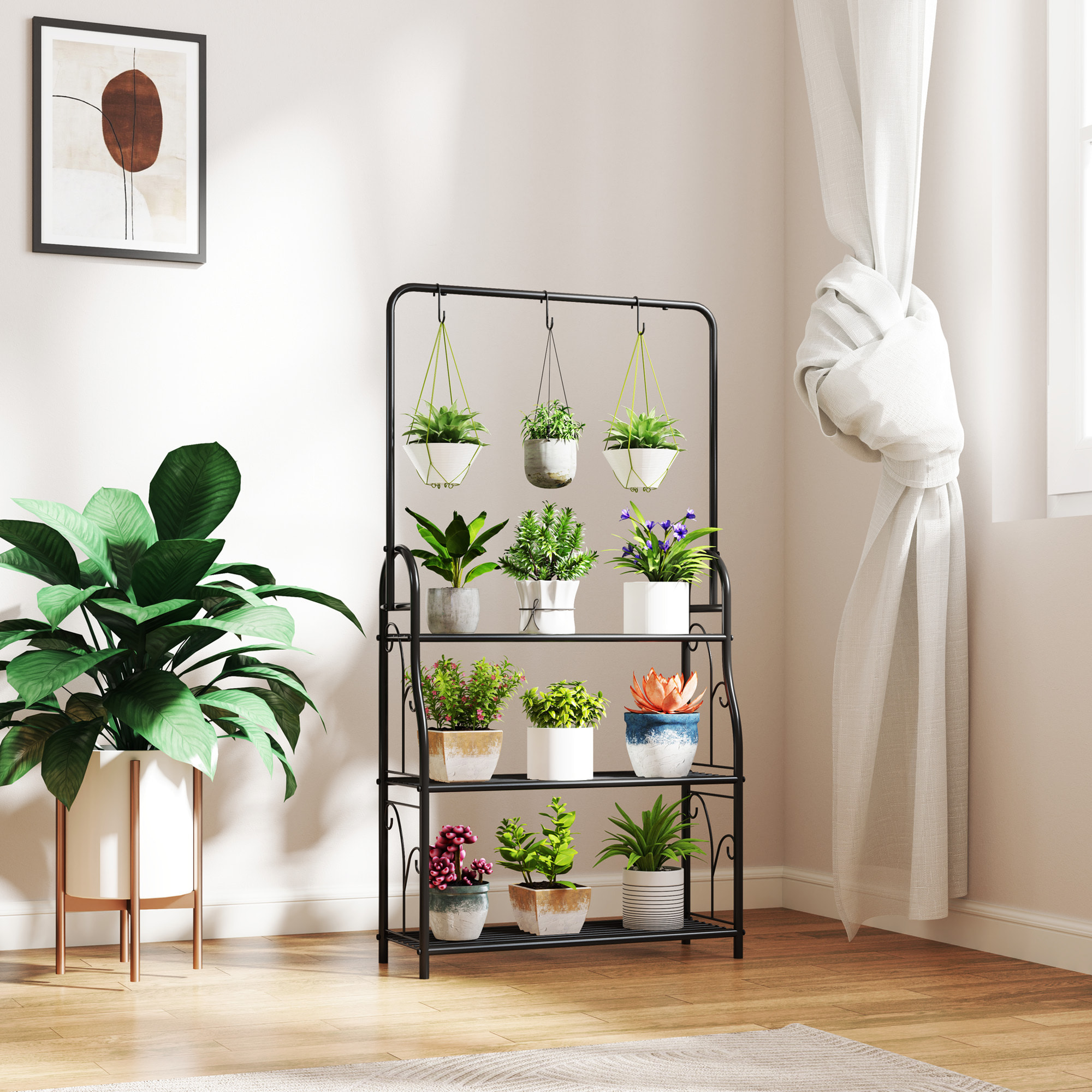 Estantería para Plantas de 3 Niveles Soporte para Plantas con Ganchos de Metal Barra para Colgar Soporte para Macetas para Interior y Exterior Negro