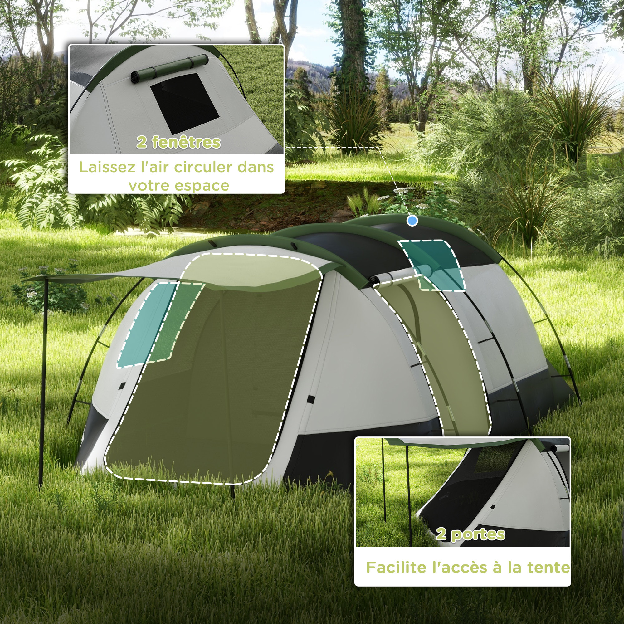 Tente de camping familiale 3-4 pers. - tente tunnel porche étanche 2000 mm - sac de transport inclus - gris