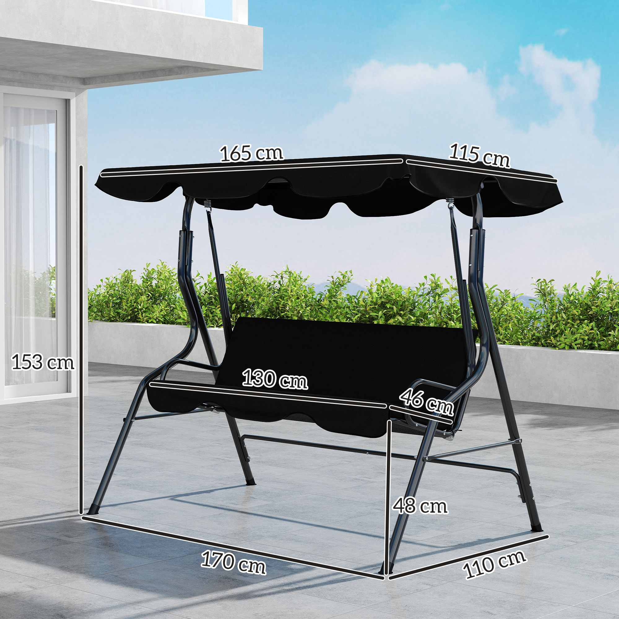 Columpio de Jardín de 2-3 Plazas, Balancín de Exterior con Toldo Ajustable en Ángulo, Impermeable y Marco de Acero, para Patio, Balcón, 170x110x153 cm, Negro