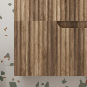 Meuble de Salle de Bains LEON 80cm Decor Bois - 2 Tiroirs en MDF Ondules - Vasque Ronde 36cm