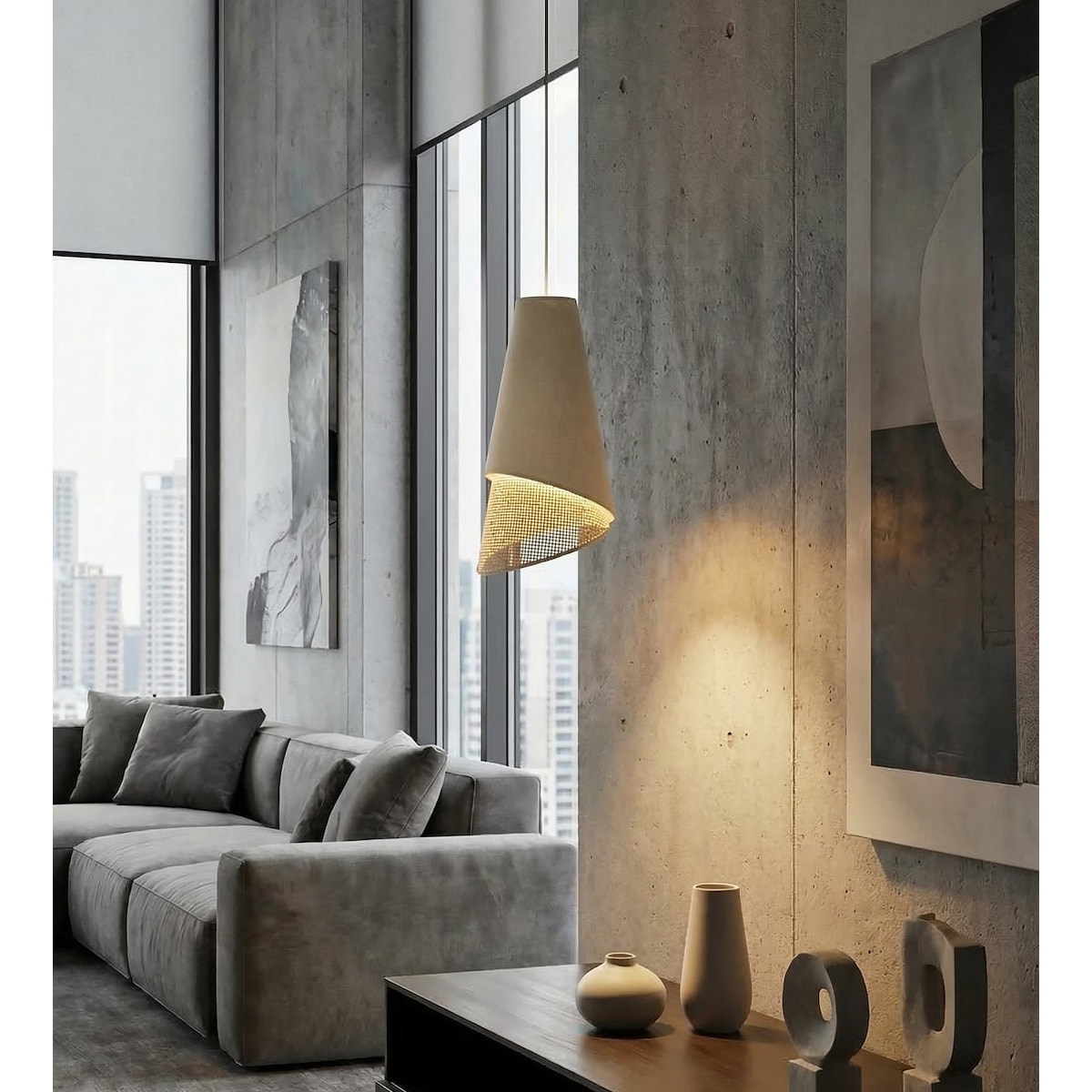 Lampada a sospensione MODA in acciaio e tessuto effetto rattan