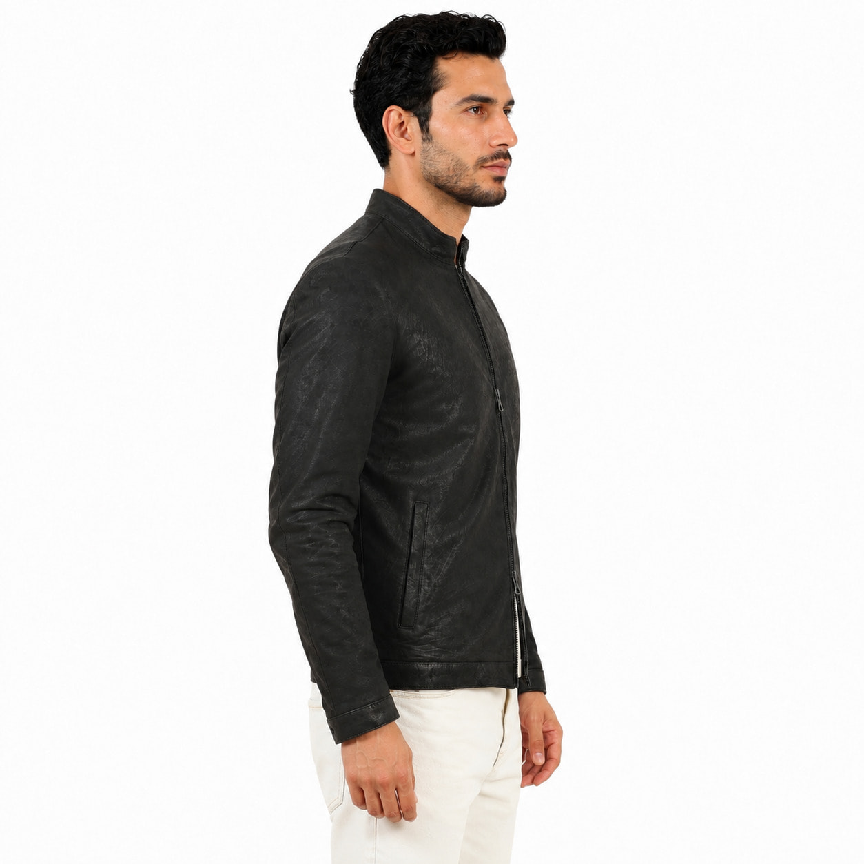 Giubbino in pelle di vitello rifinizione dakota Nero-Slim Fit