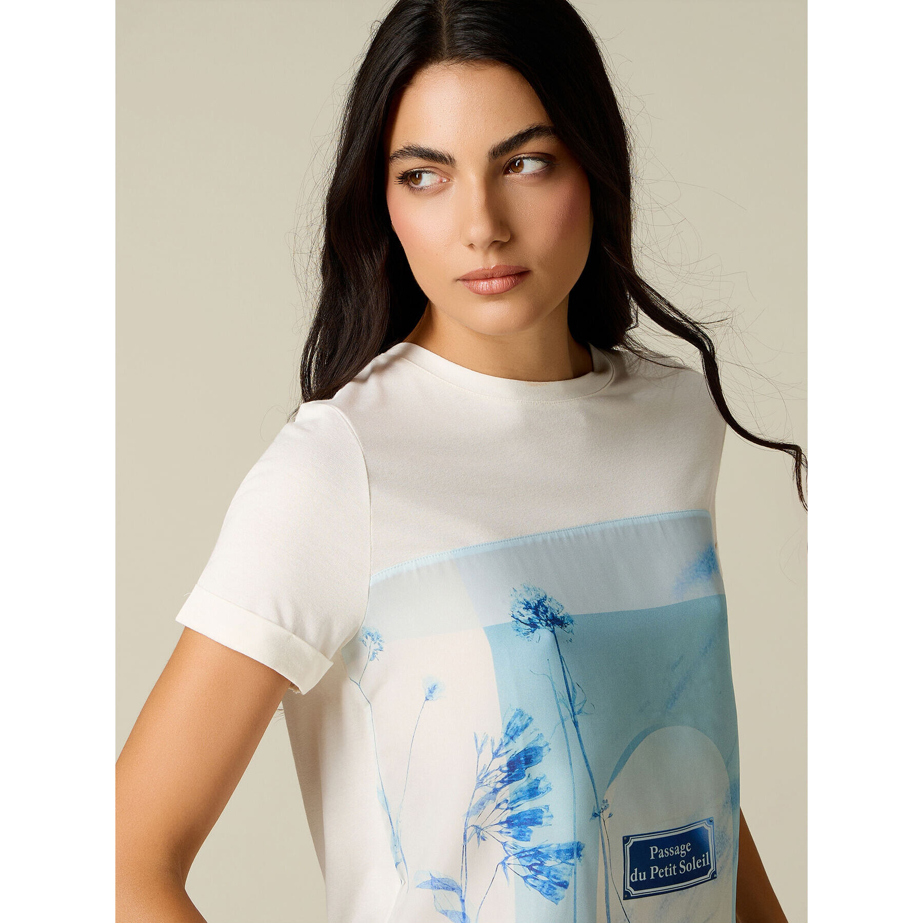Oltre - T-shirt bimaterica con stampa - Bianco