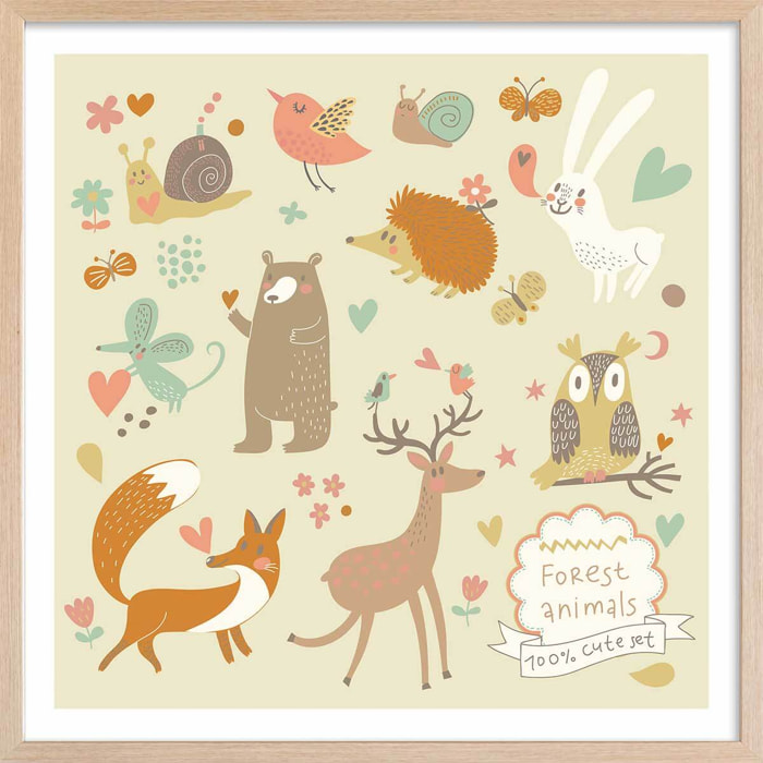 Affiche enfant cute set forest animals Affiche + cadre en bois - Chêne