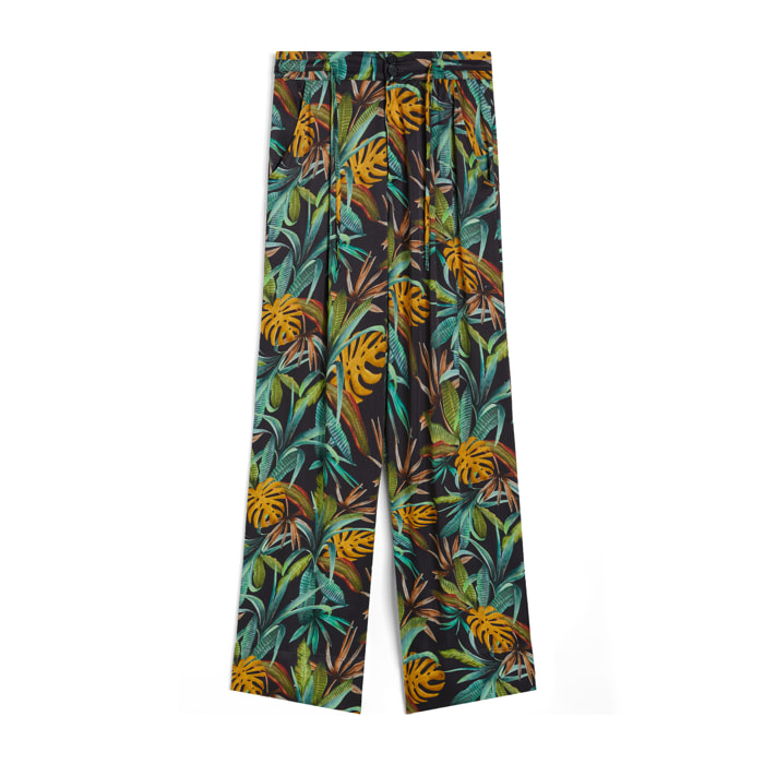 Pantaloni culotte gamba ampia in viscosa stampa tropical