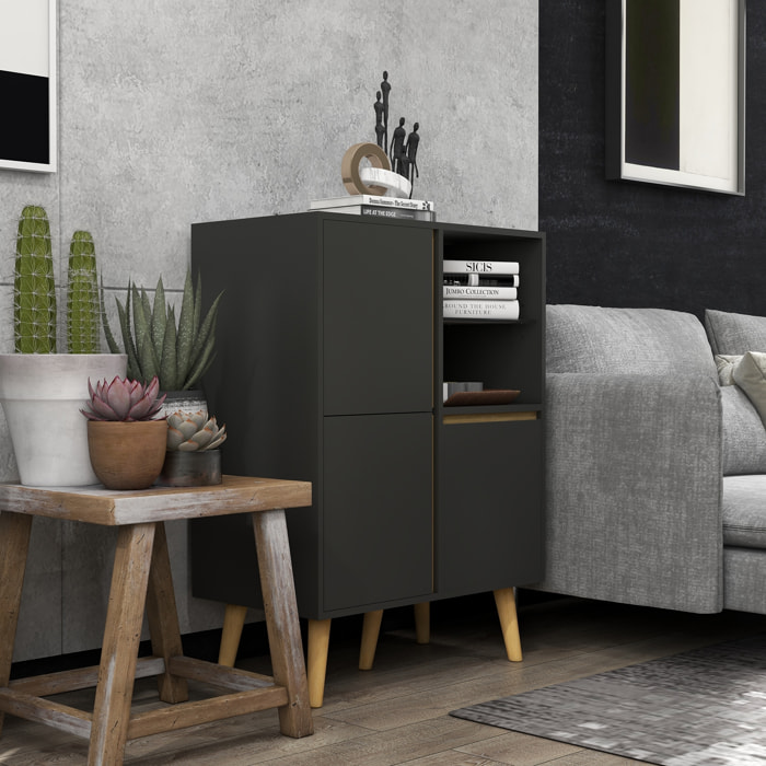 Meuble TV Hi-fi sur pied design scandinave 3 portes 3 étagères 2 niches verre trempé bois gris