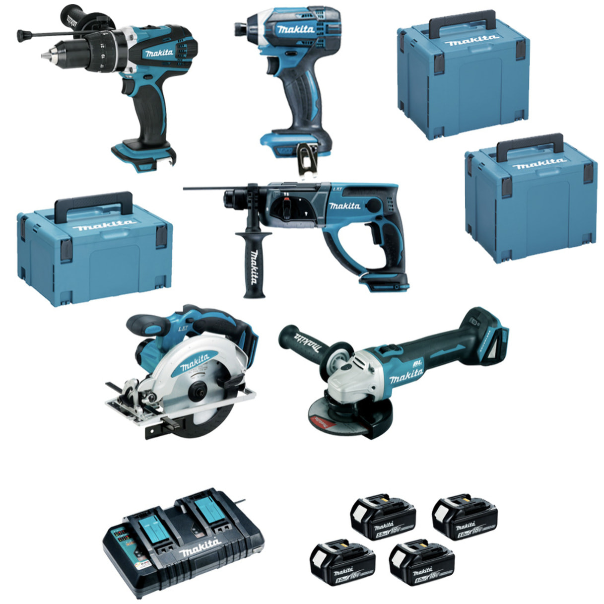 MAKITA 18V Li-Ion 5.0 Ah Taladro + Atornillador + Taladro de Impacto + Amoladora + Sierra Circular - DLX5039PTJ