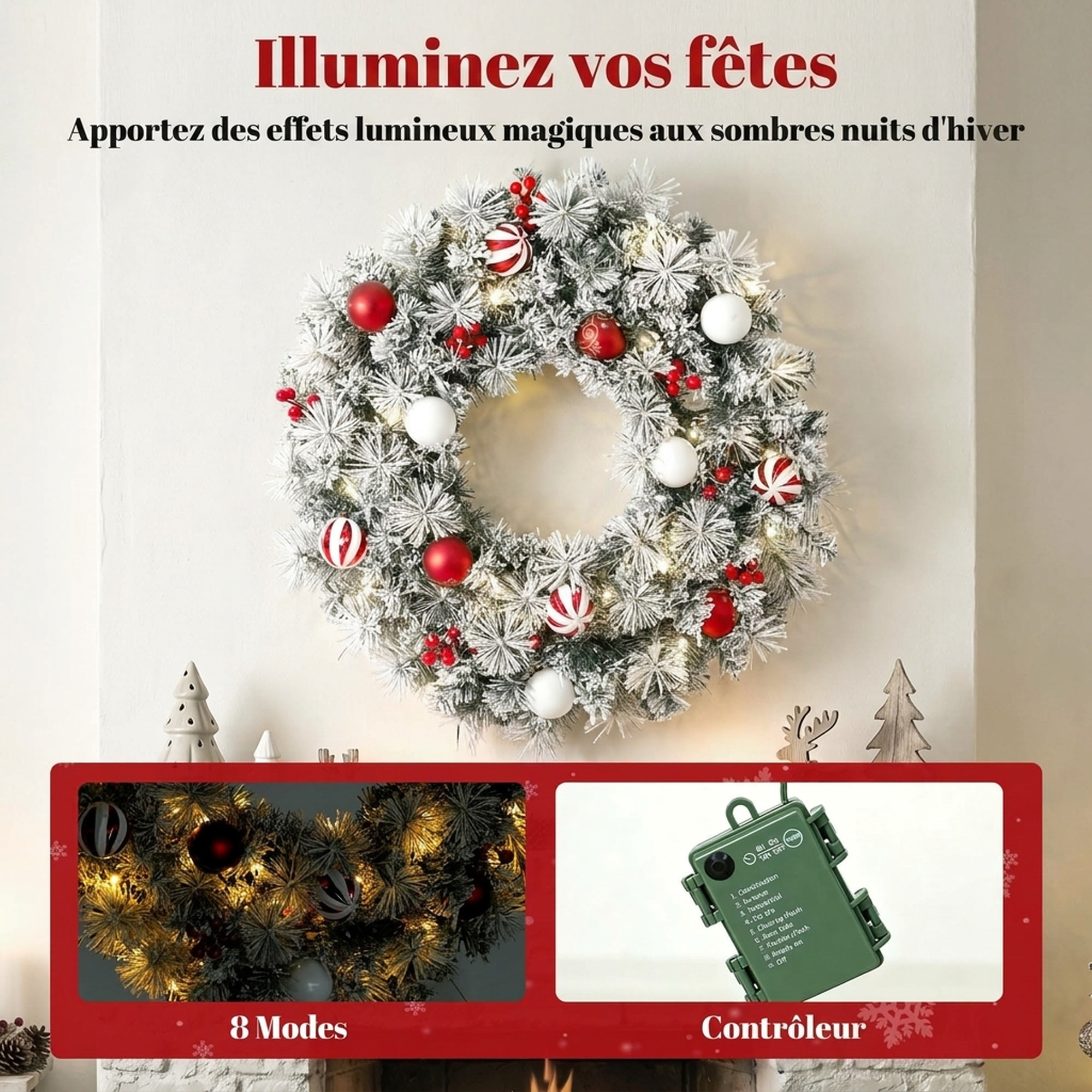 Couronne de Noël LED enneigée décorée dia. 60cm 50LEDs blanc chaud