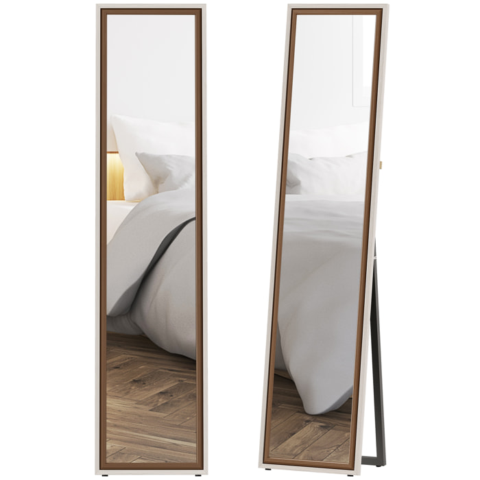 Espejo de Pie Cuerpo Entero 157x37 cm, Espejo Grande de Pared con Marco Bicolor, de Pie, Inclinado o Colgante, para Salón, Dormitorio, Pasillo, Entrada, Blanco y Marrón