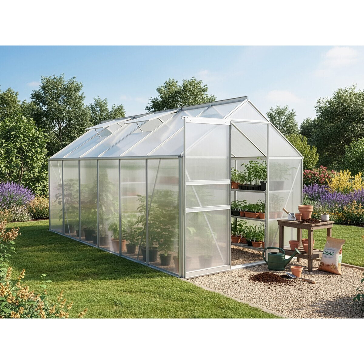 Serre jardin polycarbonate 370 x 190 x 195 cm "Basilic" - 7,03 m² - Gris