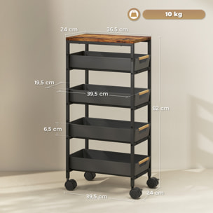 Carro de Cocina de Almacenamiento de 5 Niveles Carrito Auxiliar con Ruedas Tablero Efecto Madera y 4 Cajones Extraíbles Carrito de Cocina para Comedor Salón 39,5x24x82 cm Negro