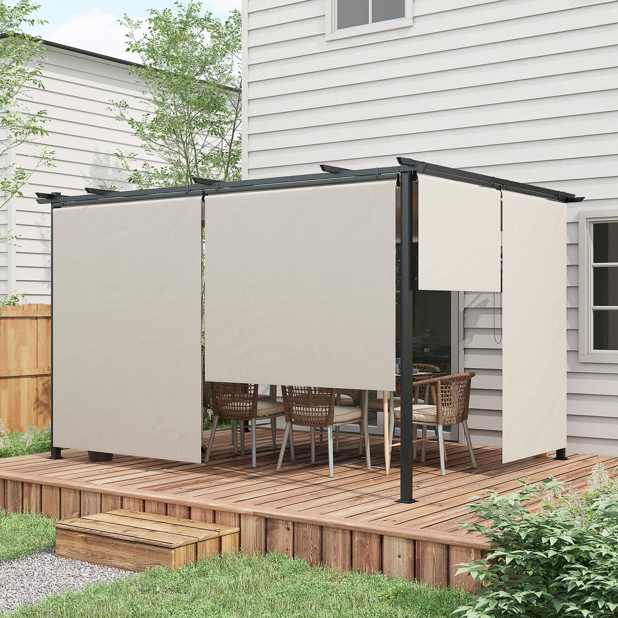 Pérgola de Jardín 4x3 m Cenador para Exterior con Techo Retráctil 4 Cortinas Enrollables de Poliéster y Marco de Metal para Patio Terraza Crema