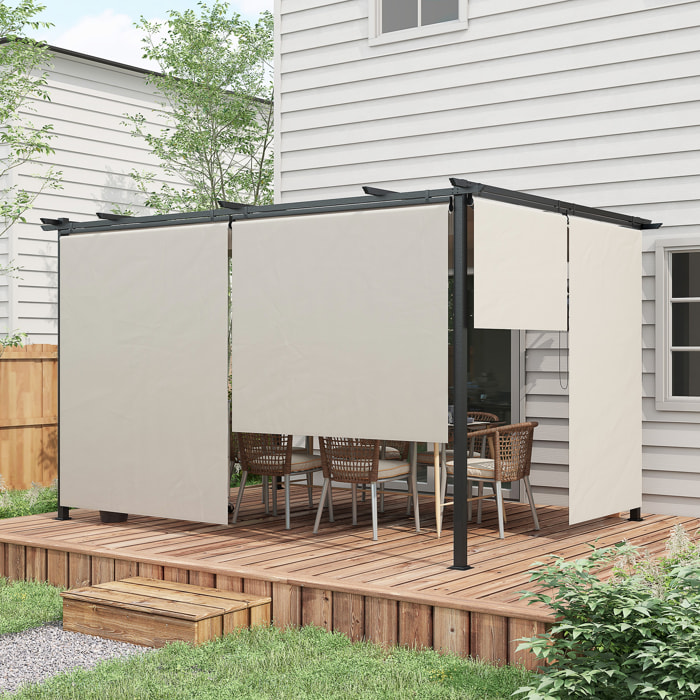 Pérgola de Jardín 4x3 m Cenador para Exterior con Techo Retráctil 4 Cortinas Enrollables de Poliéster y Marco de Metal para Patio Terraza Crema