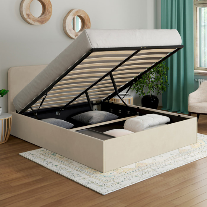 Lit coffre Louise en velours avec sommier et tête de lit - Velours beige