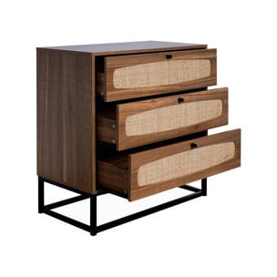 Commode rétro décor bois et cannage 3 tiroirs piètement et poignées en métal noir