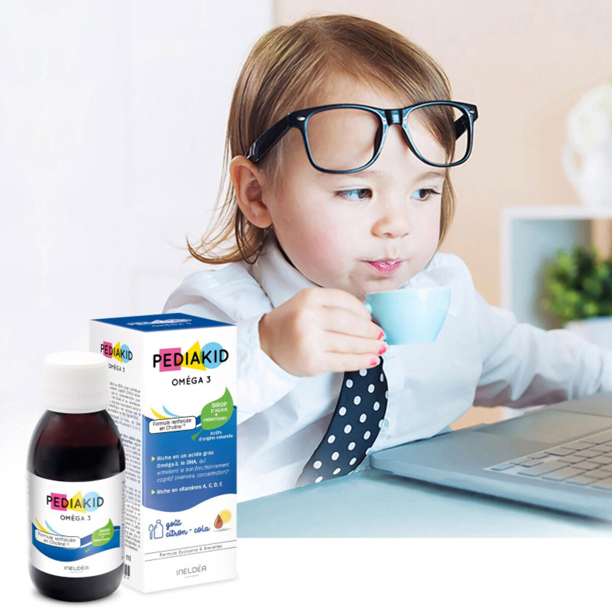 PEDIAKID - Oméga 3 - Complément Alimentaire Naturel - Formule Exclusive au Sirop d'Agave - Riche en DHA - Favorise le Bon Fonctionnement du Cerveau - Goût Citron-Cola - Lot de 2 Flacons 125 ml