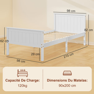 Lit simple bois de pin blanc rainuré - tête de lit, pied de lit et sommier - 210L x 98l x 82H cm - compatible matelas 200L x 140l cm