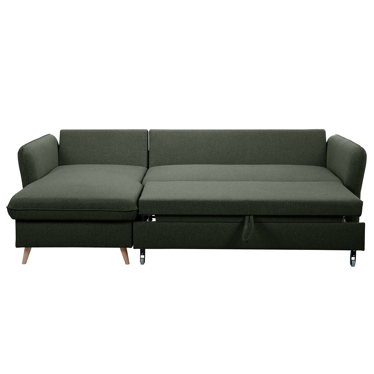 Canapé d'angle convertible réversible avec coffre 3-4 places en tissu vert kaki et bois clair DRISS
