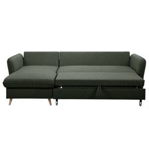 Canapé d'angle convertible réversible avec coffre 3-4 places en tissu vert kaki et bois clair DRISS