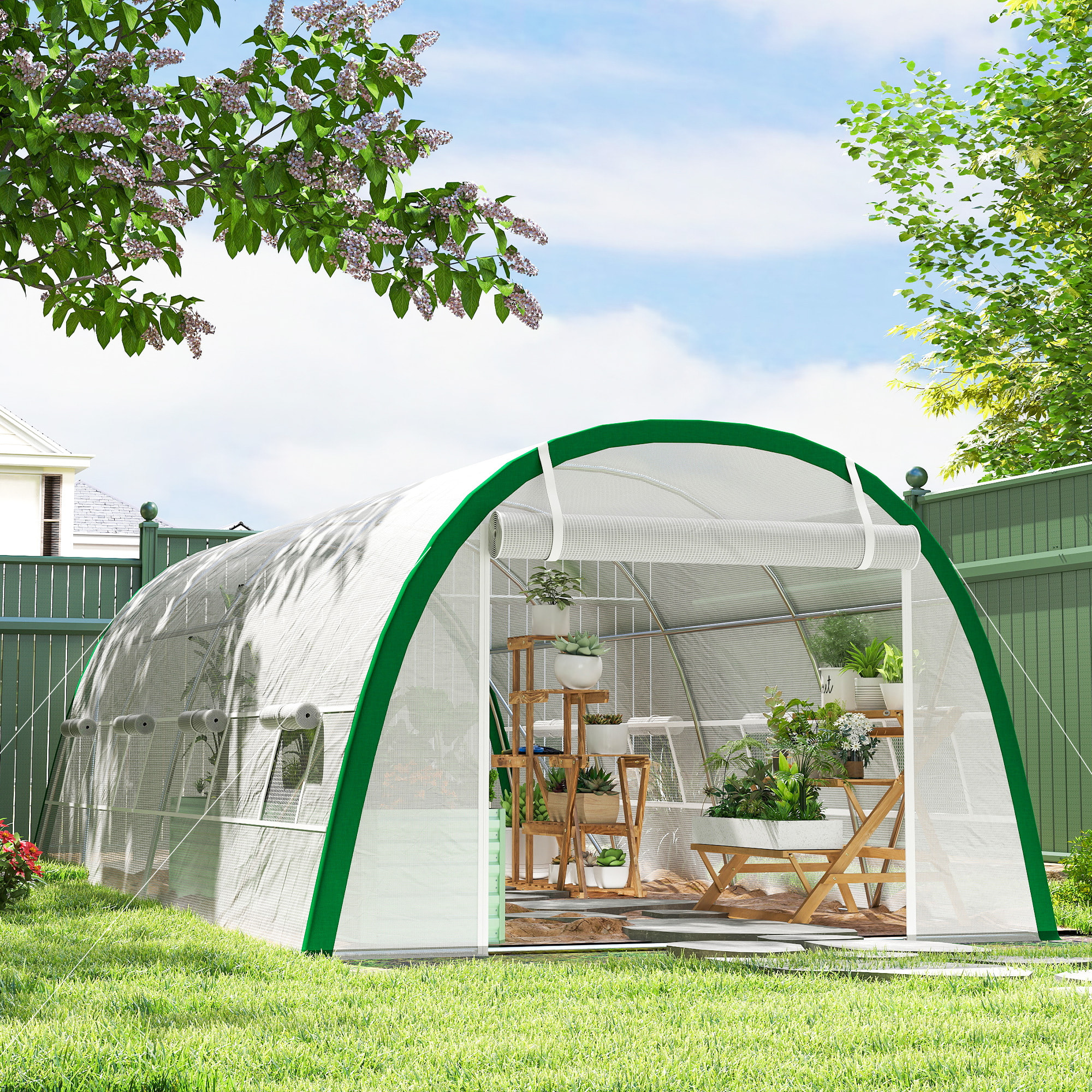 Invernadero de Exterior 6x3x2 m, Invernadero de Túnel con Puerta Enrollable, 8 Ventanas de Malla, Cubierta PE 140g/m², Marco de Acero Galvanizado, Anti-UV, para Cultivos, Plantas, Blanco