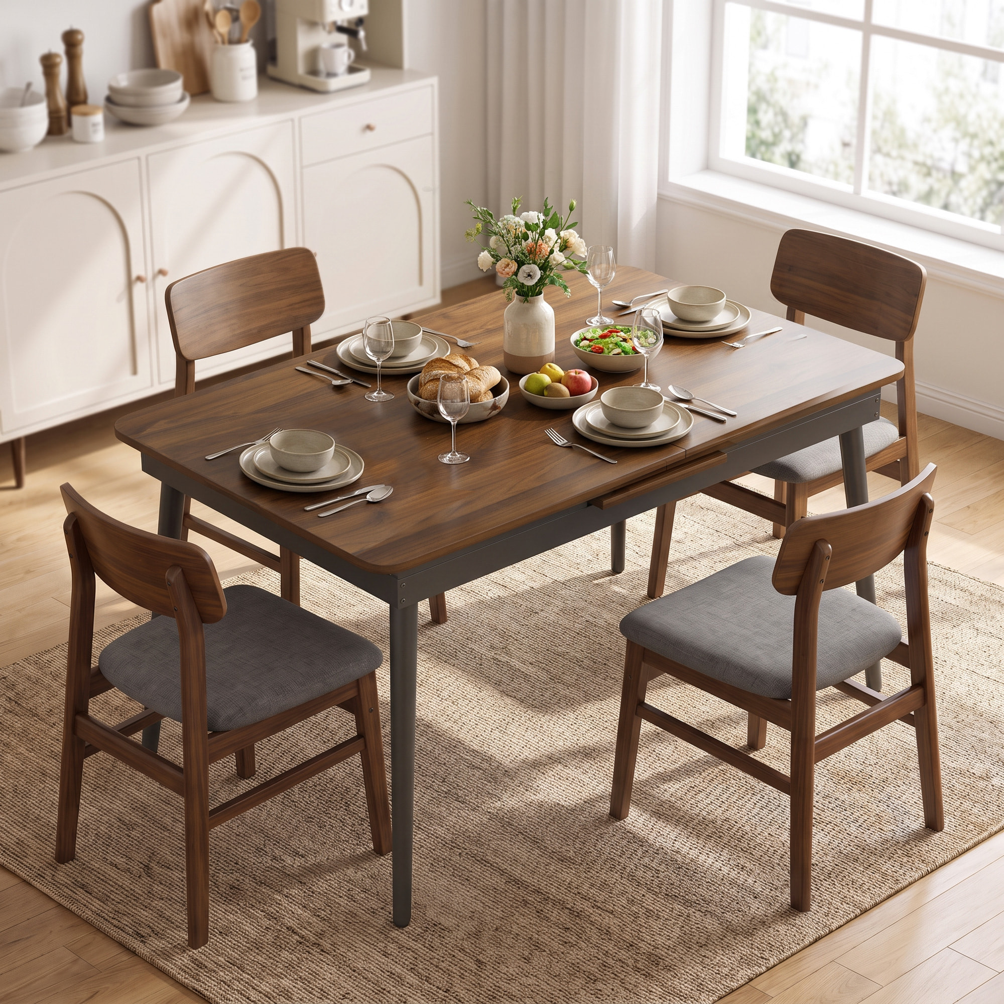 HOMCOM Mesa de Comedor Extensible, Mesa de Cocina Rectangular para 4-6 Personas, Estilo Industrial, Esquinas Redondeadas, 130-160x85x75 cm, Nogal Claro