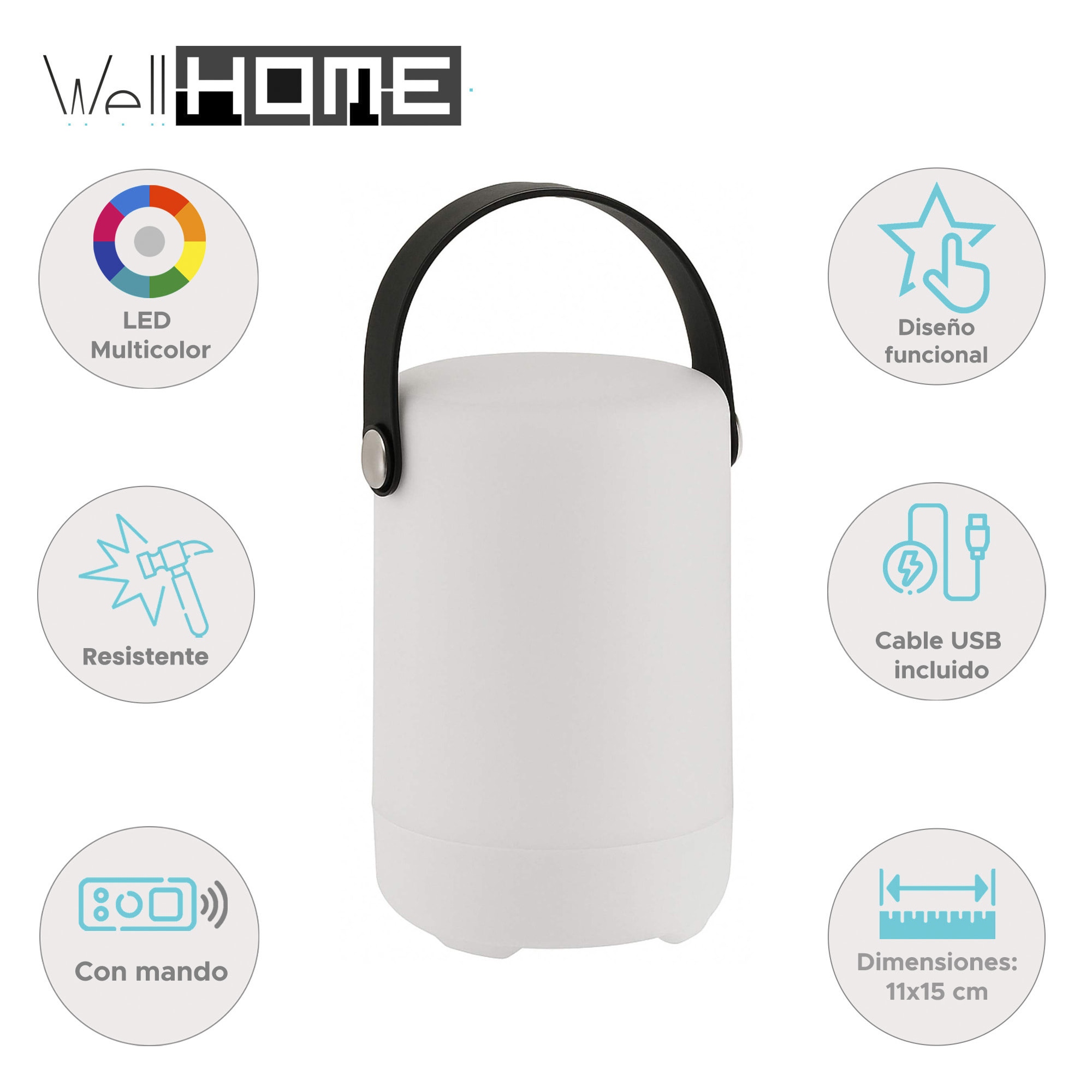 Well Home Lámpara de Mesa Recargable RGB con control remoto y 4 modos de color Ø11x15cm