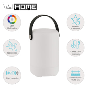 Well Home Lámpara de Mesa Recargable RGB con control remoto y 4 modos de color Ø11x15cm